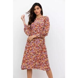 Yumi Kim Love Me Tender Dress Rust Orange Floral Midi S EUC LS Career Workwear